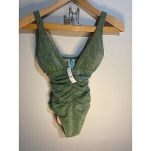 NWT J Crew Sparkle Ruched Plunge One Piece Swimsuit Green Size 2